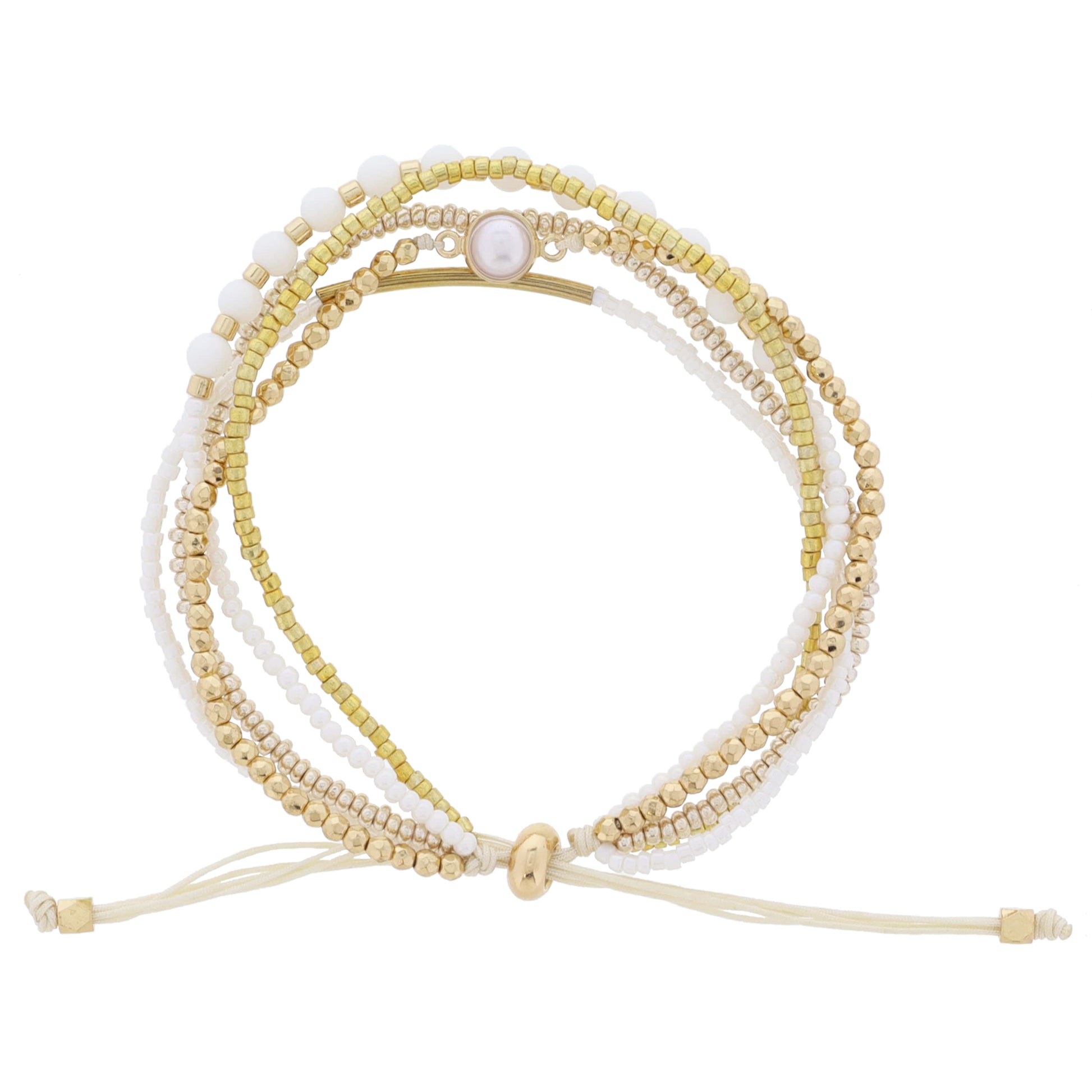 Thin 5 Strand Coordinating White and Gold Beaded with Pearl Adj. Bracelet