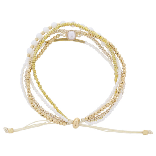 Thin 5 Strand Coordinating White and Gold Beaded with Pearl Adj. Bracelet