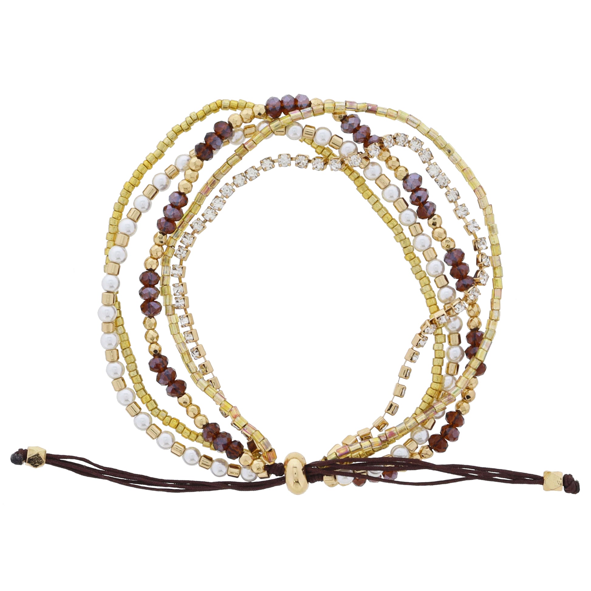 Thin 5 Strand Coordinating Gold, Brown, Pearl Beaded with Dainty Crystal Chain Acent Adj. Bracelet