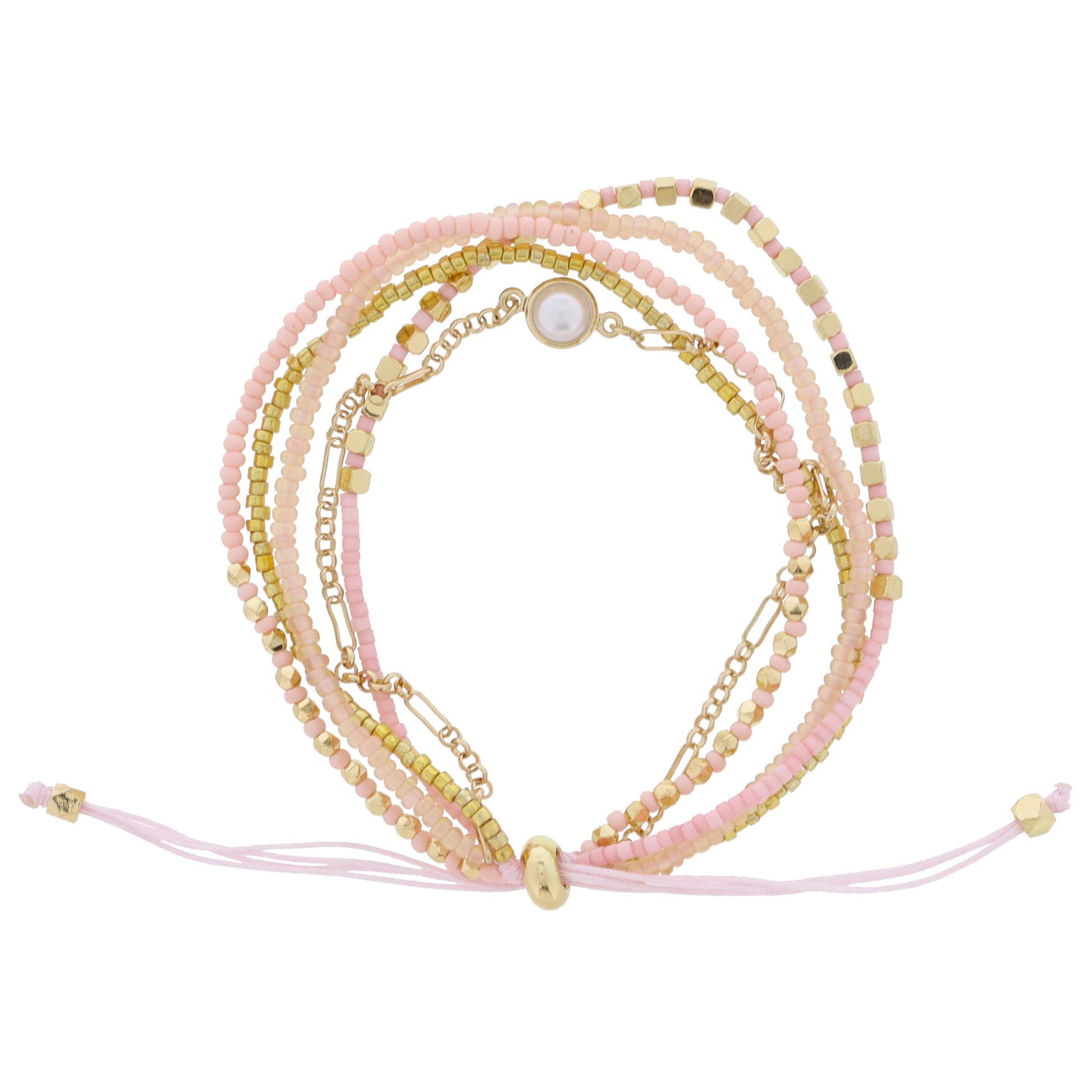Thin 5 Strand Coordinating Peachy Pink & Gold Beaded with Pearl & Dainty Chain Accent Adj. Bracelet