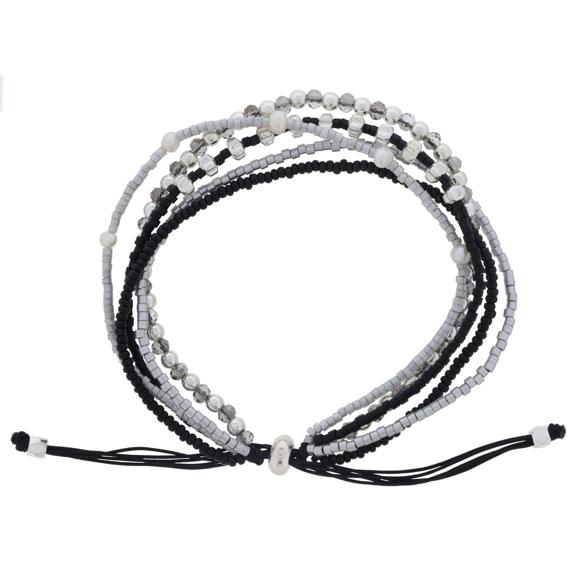 Thin 5 Strand Coordinating Black, Gray, Silver Beaded with Small Pearl Accents Adj. Bracelet