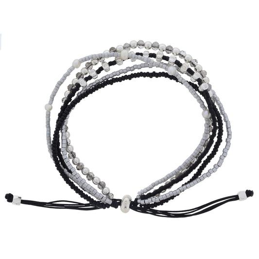 Thin 5 Strand Coordinating Black, Gray, Silver Beaded with Small Pearl Accents Adj. Bracelet