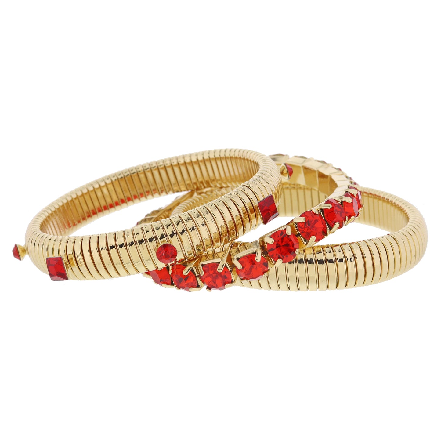 Set of 3, Chunky Gold Flex Bangles with Red Crystal Band and Accents Bracelet, 8" Around