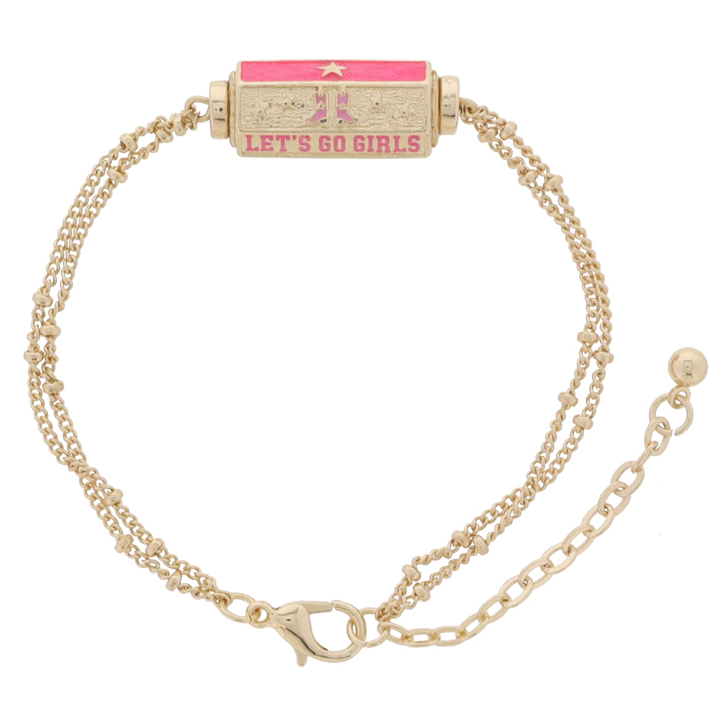 6-Sided Cylinder Bar, Stars & Pink Cowgirl Boots, "LET'S GO GIRLS", Star Pink Bracelet, 7.5" Around