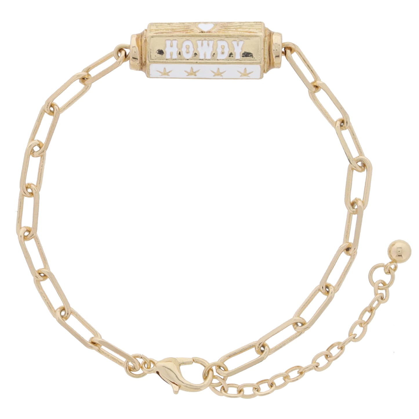6-Sided Cylinder Bar, White & Gold Heart Burst, "HOWDY", White with Gold Star Bracelet, 7.5" Around