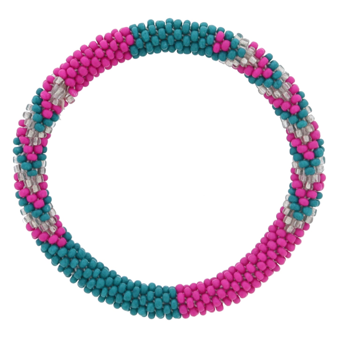 Kids Teal and Fuchsia with Silver Seed Beaded Bracelet, 6.5" Around
