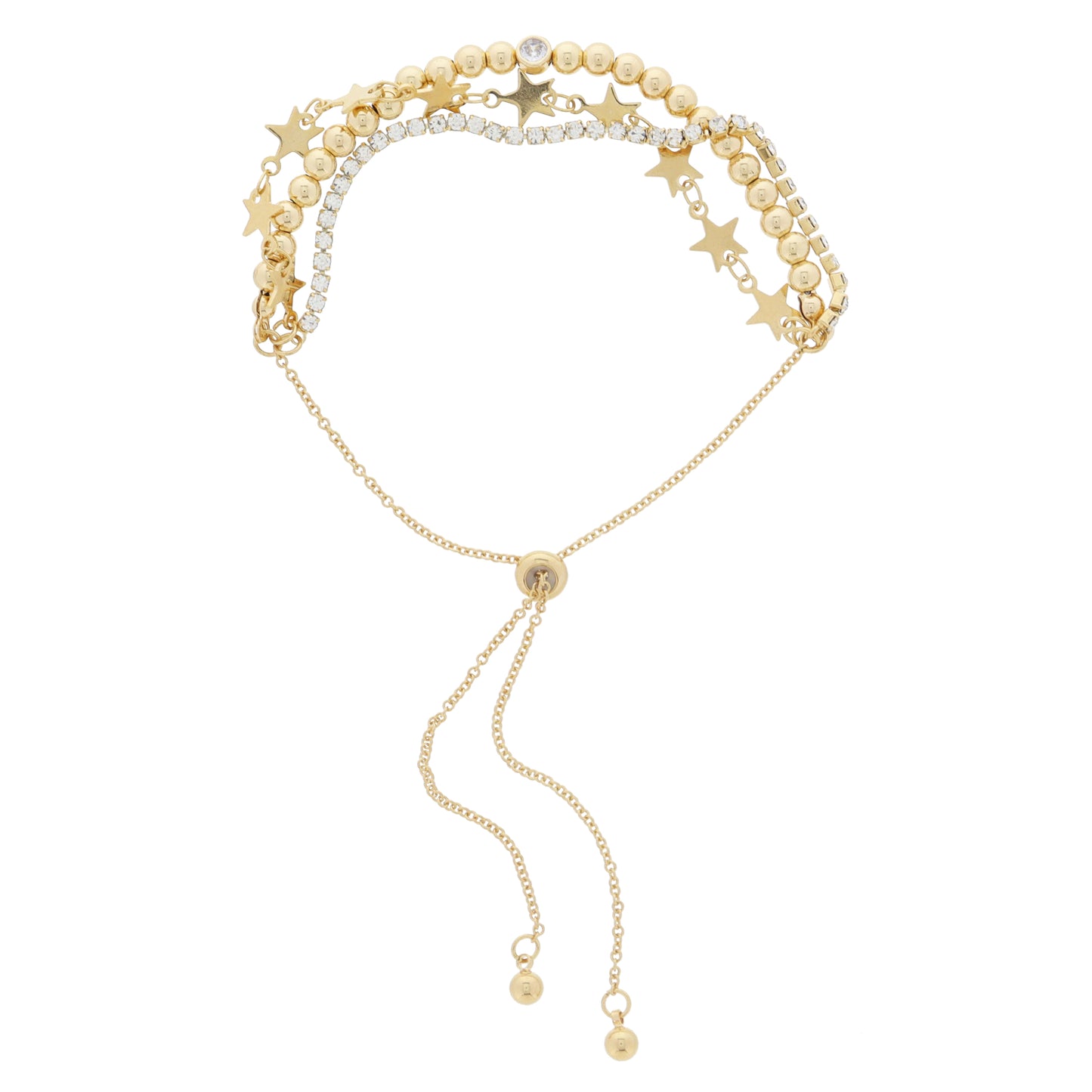 3 Strand, Mini Crystal Tennis, Gold Star Chain, Gold Ball Beaded with Crystal Adjustable Bracelet