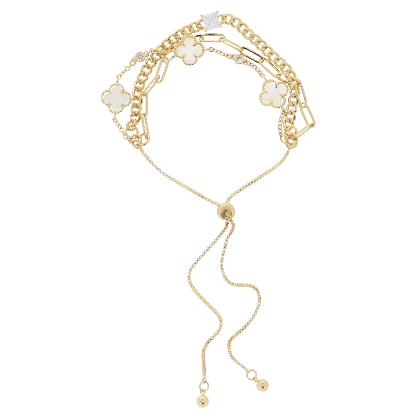 3 Strand, Shell Clovers with Crystals, Paperclip Chain, Curb Chain with Crystal Adjustable Bracelet