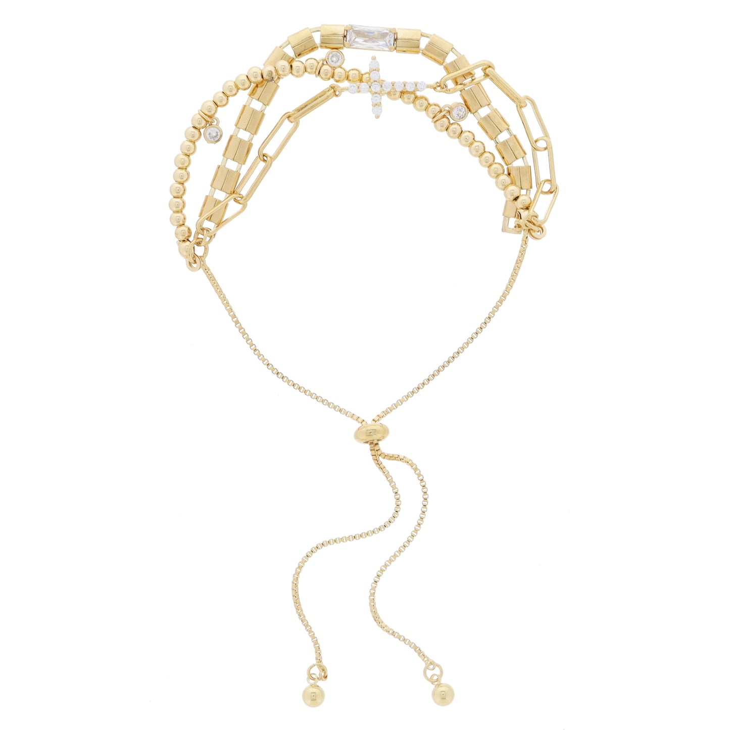 3 Strand, Rectangle Chain & Crystal, Paperclip Chain & Cross, Beads with Crystals Adj Bracelet