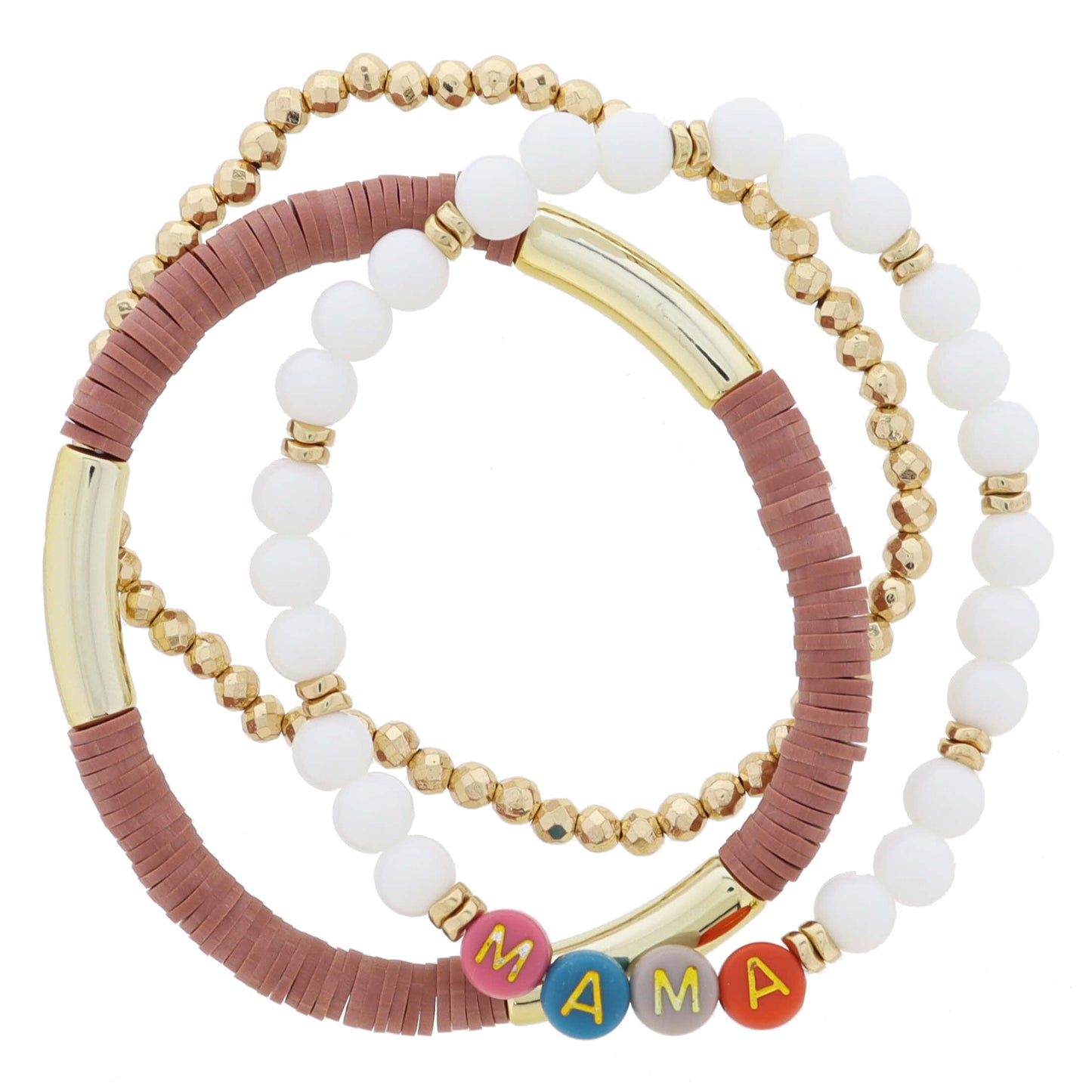 Set of 3, "MAMA" Coordinating Warm Toned, Mauve, White, Gold Beaded Stack Bracelet, 7.5" Around