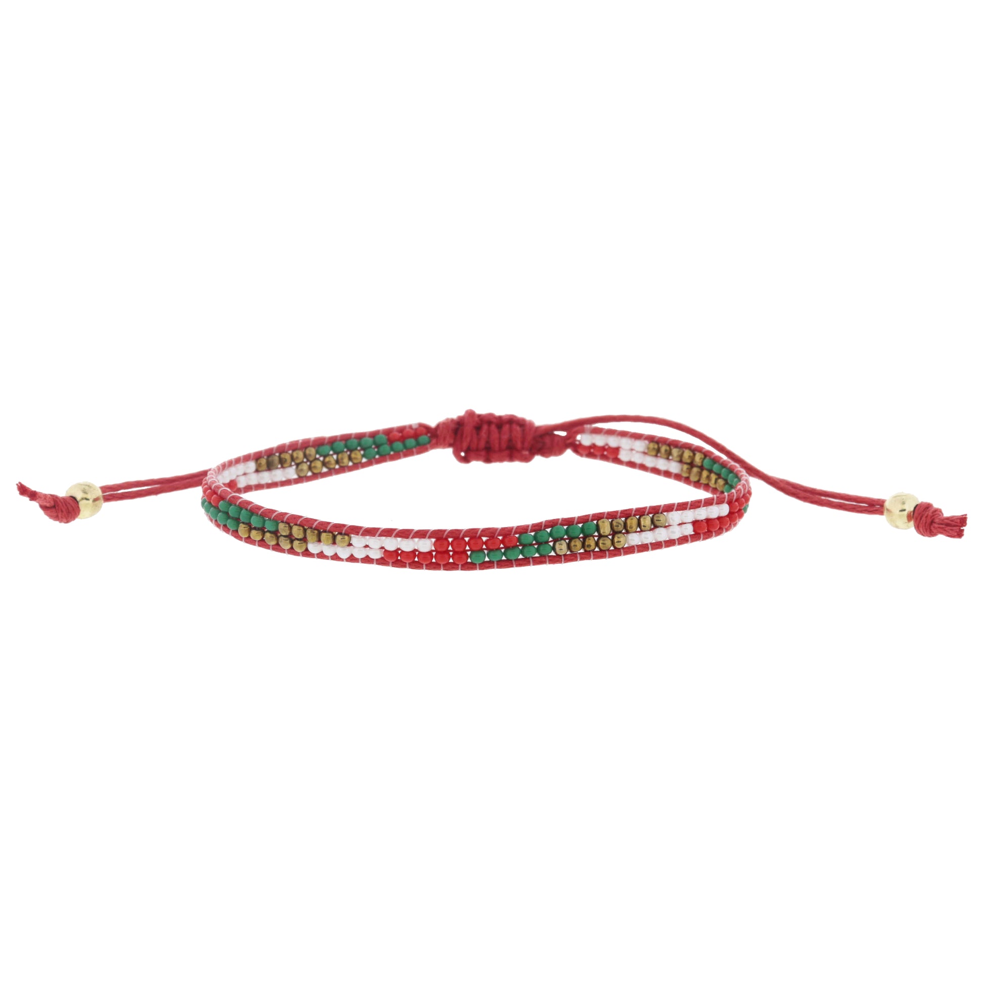 Thin Long Diagonal Red, Green, Gold, White Beaded Band on Red Cord Adj. Bracelet