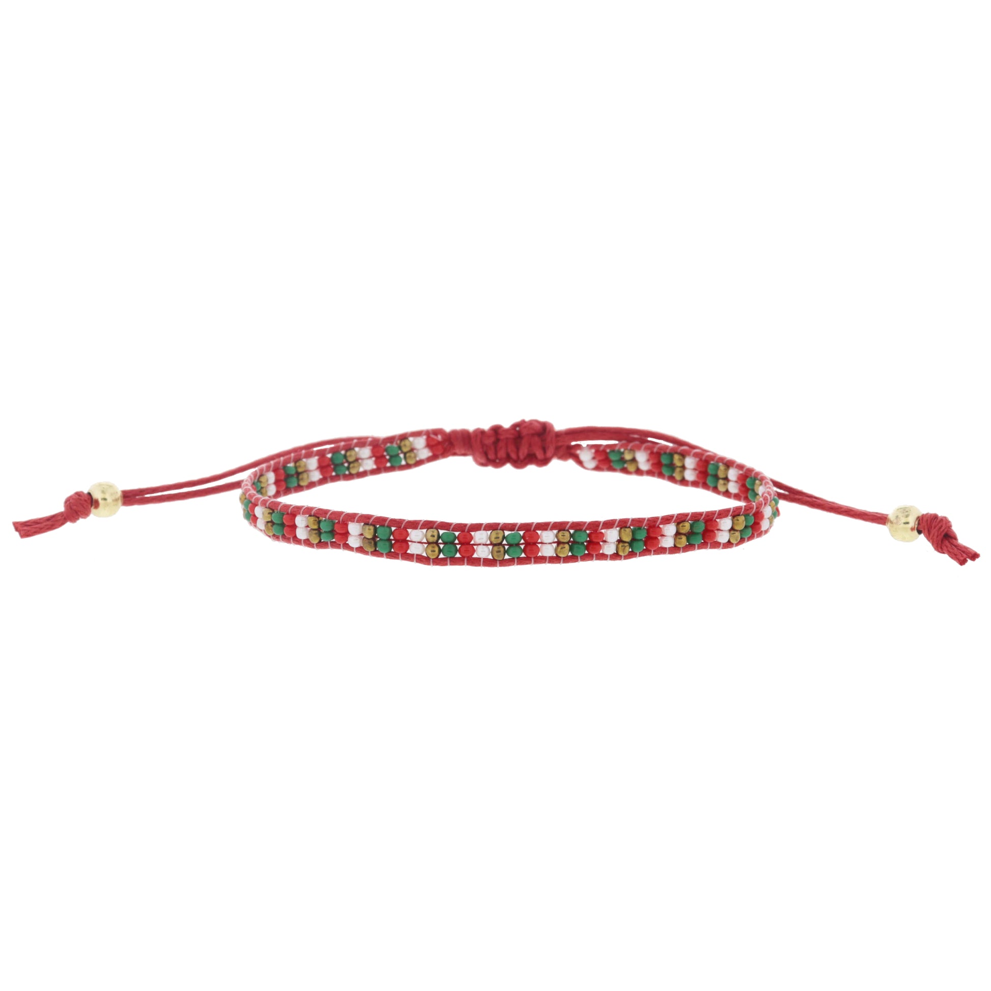Thin Red, Green, Gold, White Beaded Band on Red Cord Adj. Bracelet
