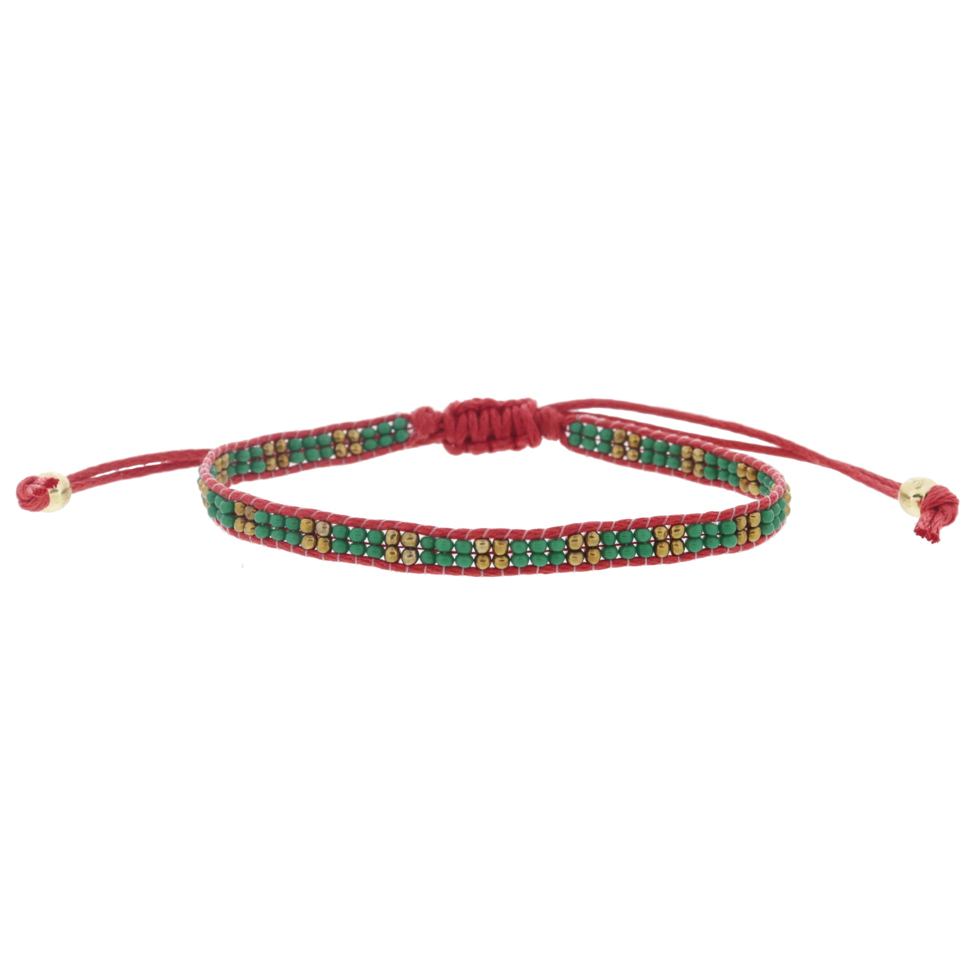 Thin Green and Gold Beaded Band on Red Cord Adj. Bracelet