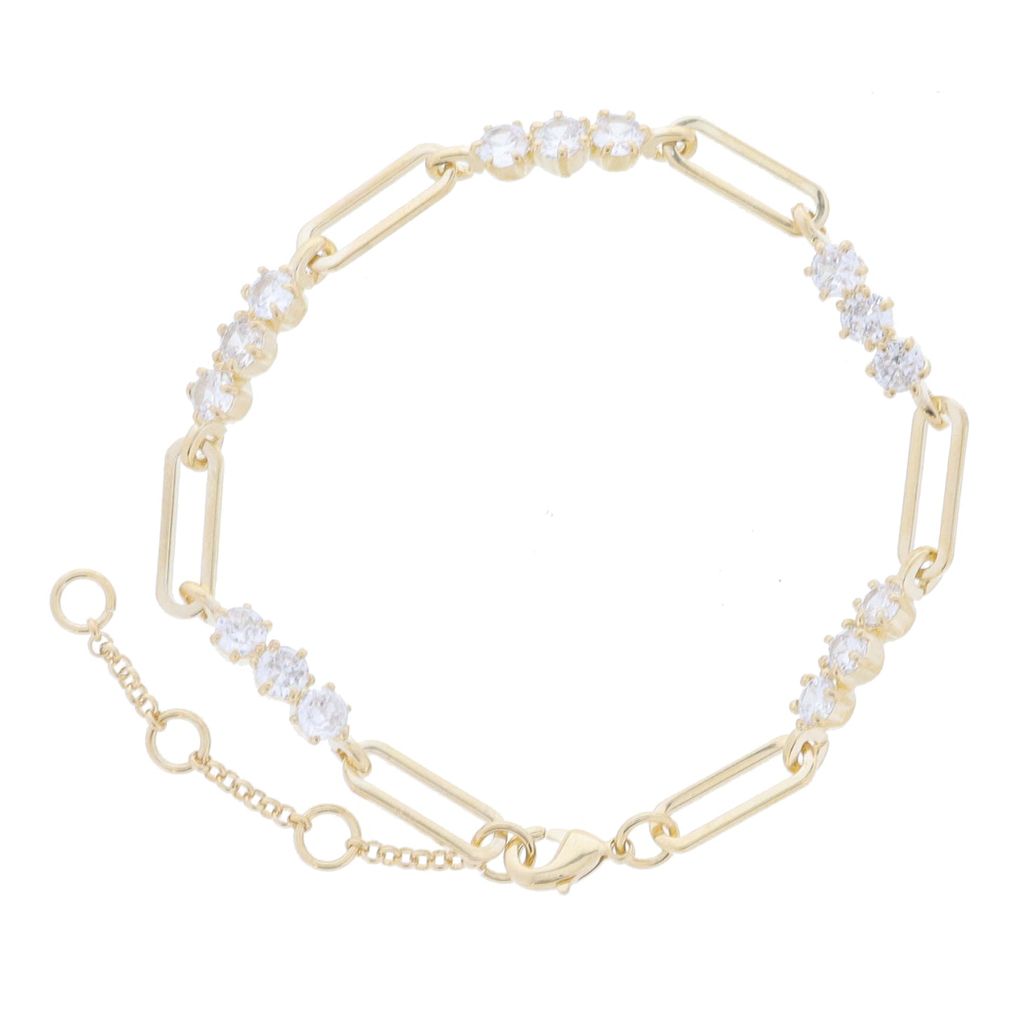 Gold Paperclip Links with Triple Clear Crystal Stations Bracelet