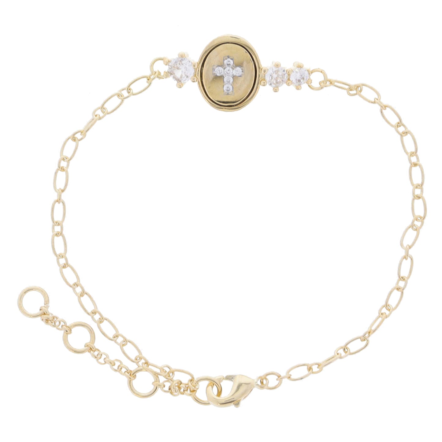 Gold Chain with Gold Pave Crystal Cross Oval and Clear Crystal Accents Bracelet