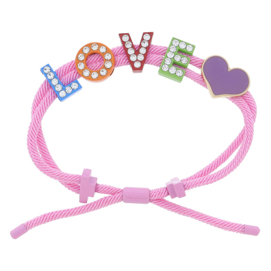 Kids Pink Cord with Multi "LOVE" with Crystal Embellishment & Lavender Heart Bracelet, Adj.