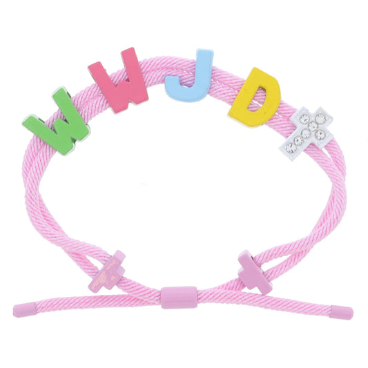Kids Light Pink Cord and Multi "WWJD" and Crystal Embellished White Cross Bracelet, Adj.