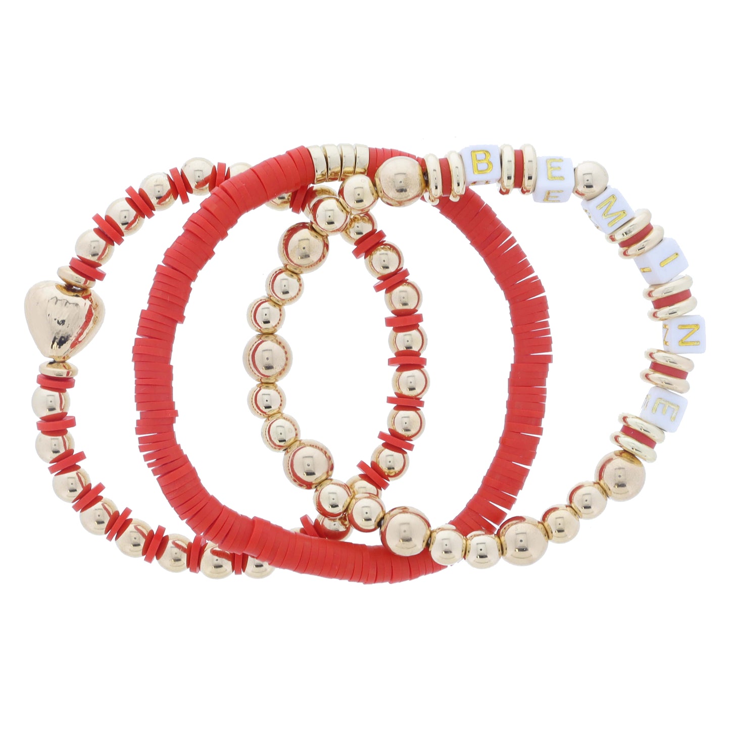 Set of 3 Coordinating Red Rubber Sequin & Gold Ball Beaded with "BE MINE" & Gold Heart Bracelet
