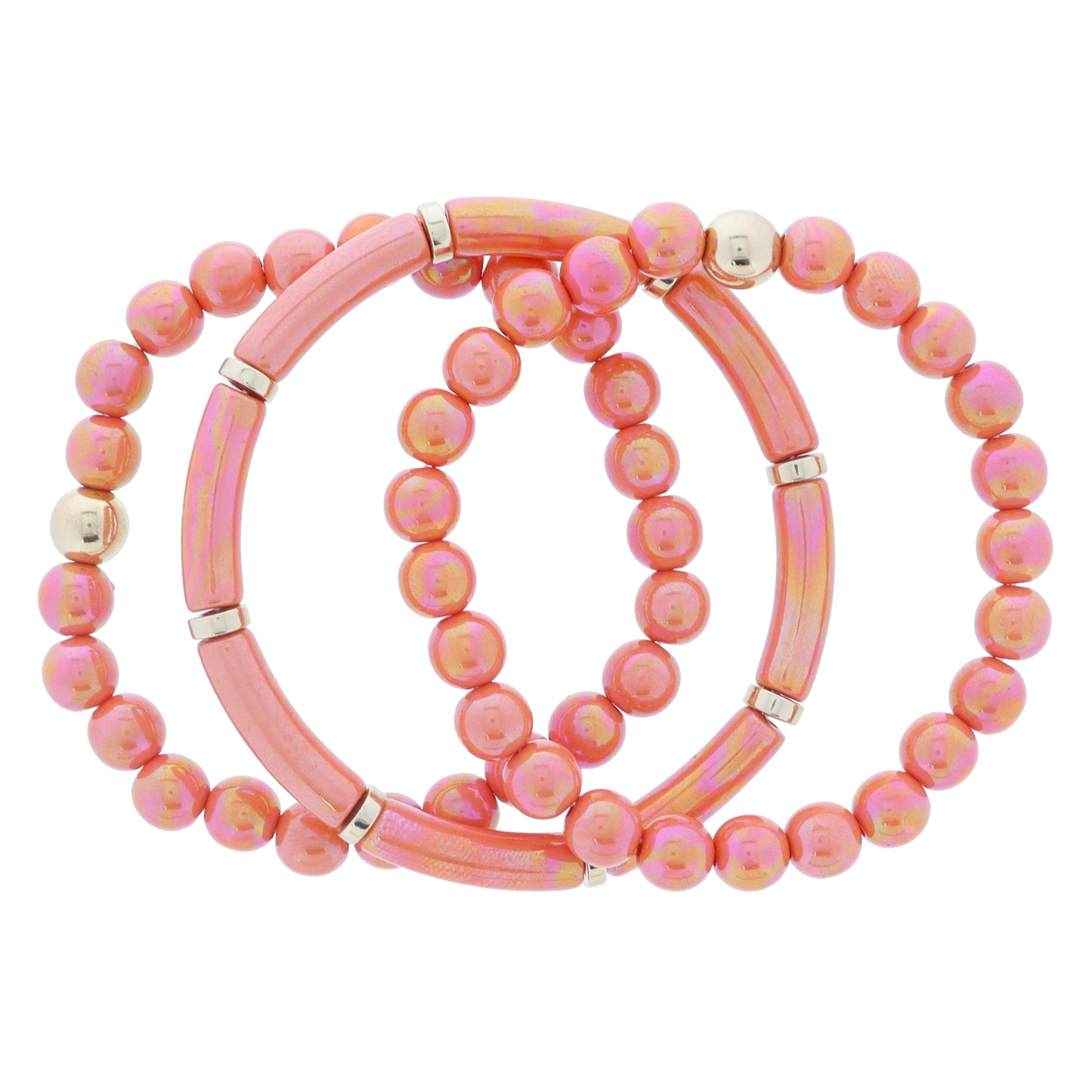 Set of 3, Coordinating Iridescent Coral Orange Beaded with Gold Bead Accents Bracelet