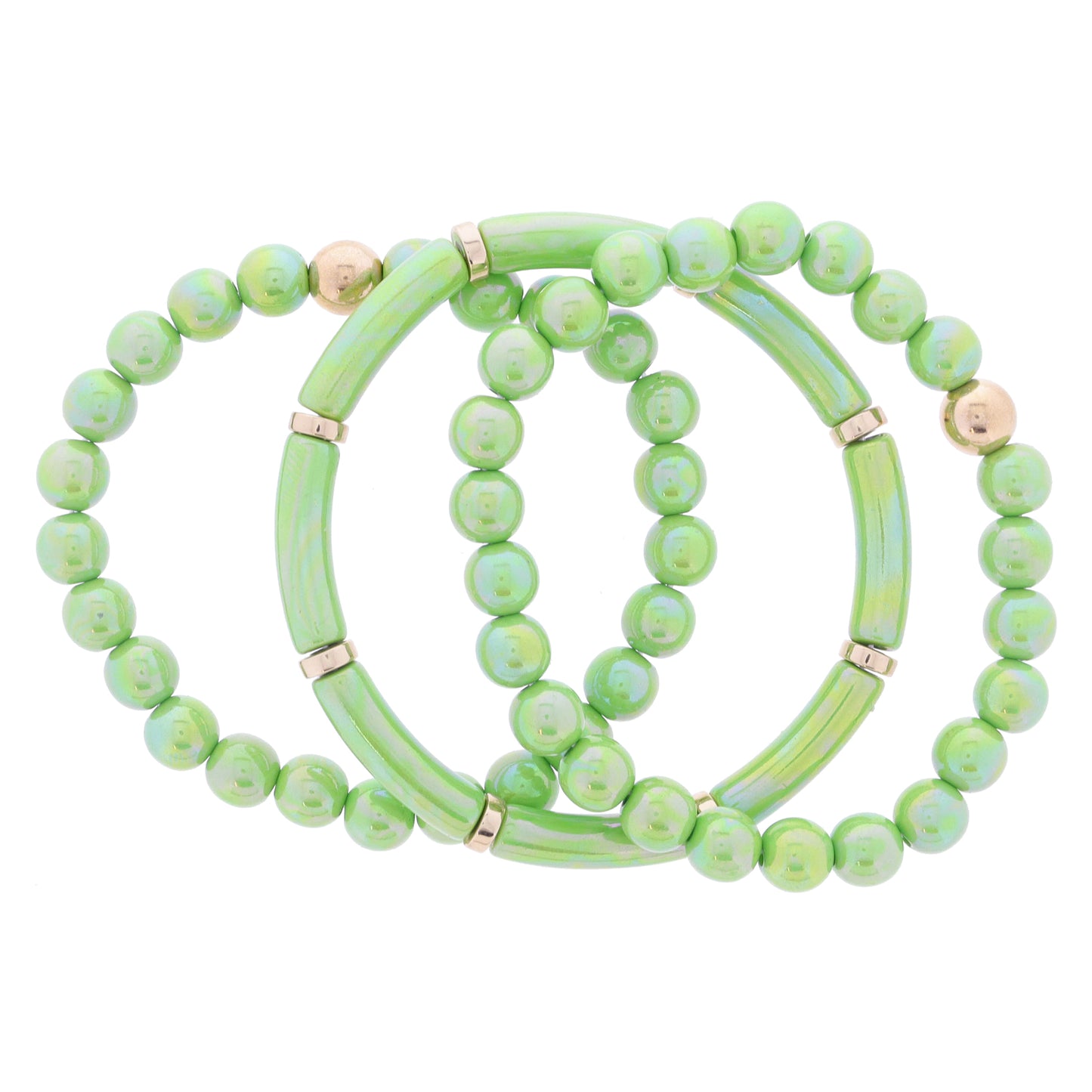 Set of 3, Coordinating Iridescent Lime Green Beaded with Gold Bead Accents Bracelet