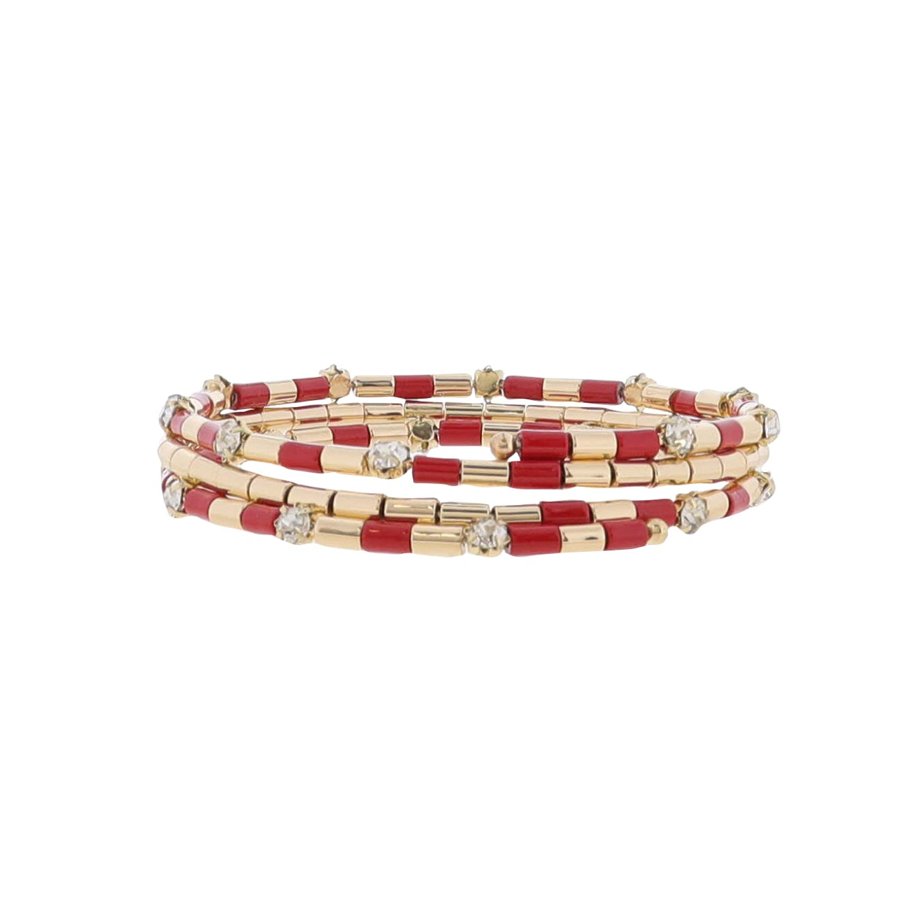 Red, Gold Beaded Bracelet with Clear Crystal Accents