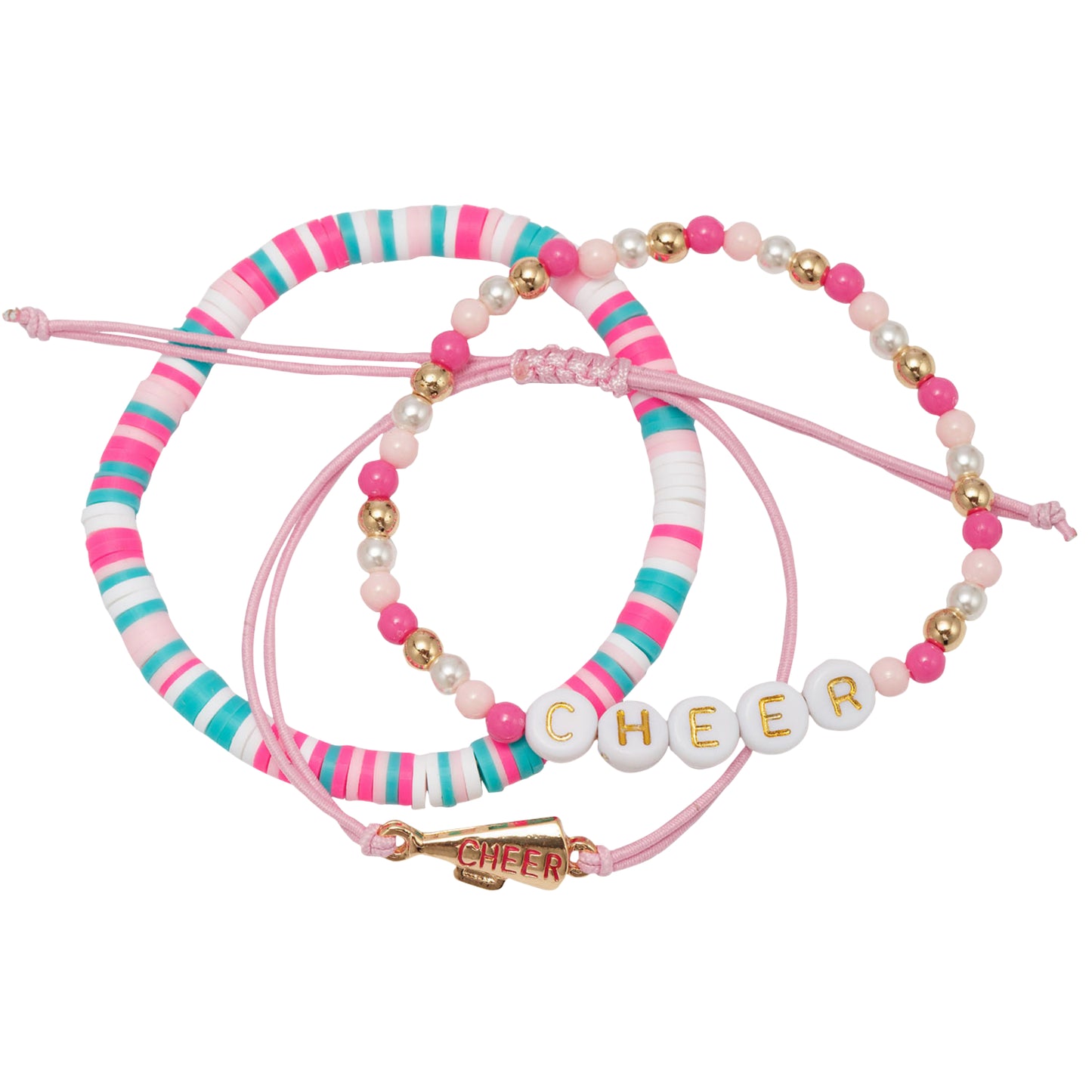 Kids Set of 3, Rubber Disk Strand, Pink Rope Strand, Beaded "Cheer" & Megaphone Bracelet