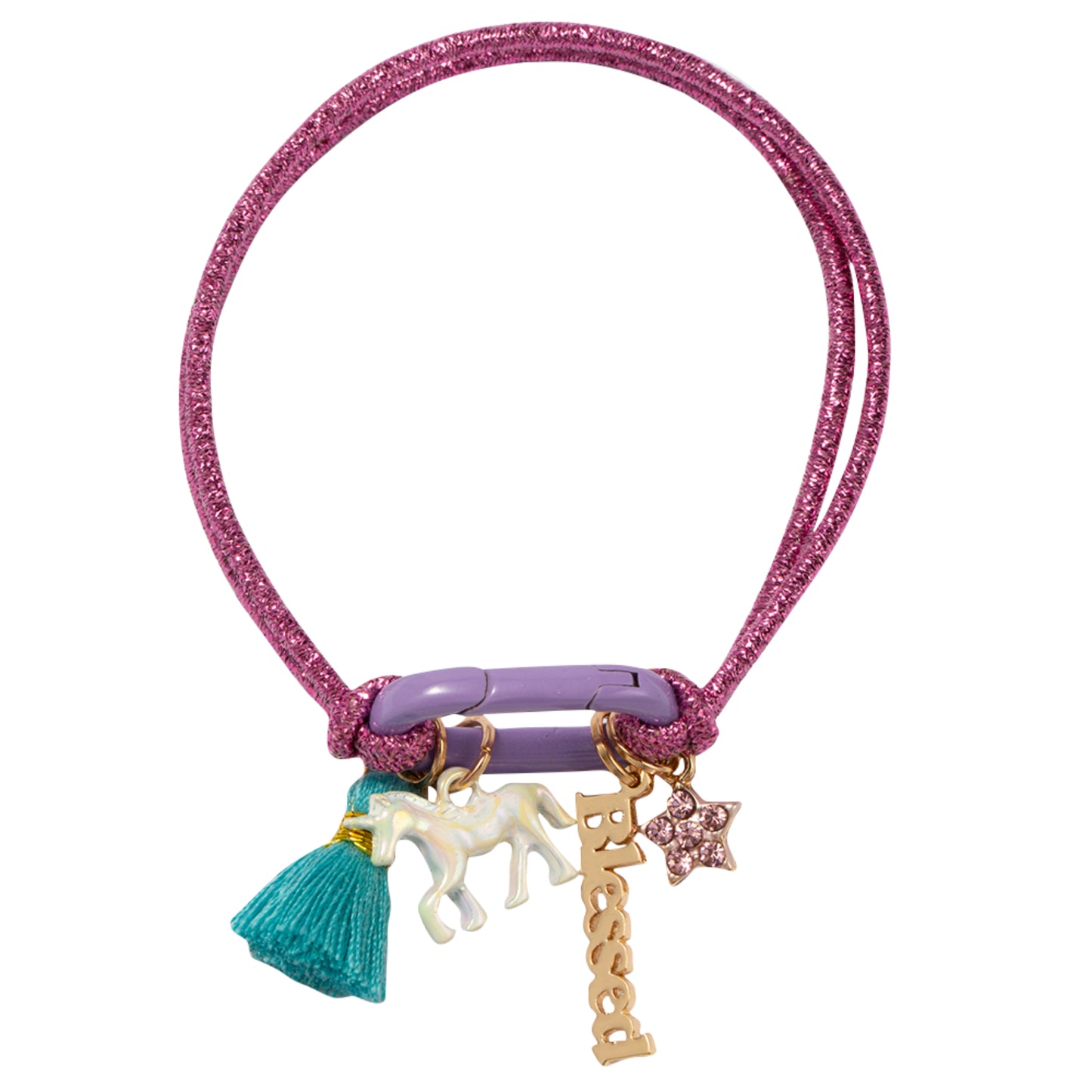 Kids Pink Stretch Elastic Bracelet with Lavender Carabiner and Unicorn, "Blessed", Tassel