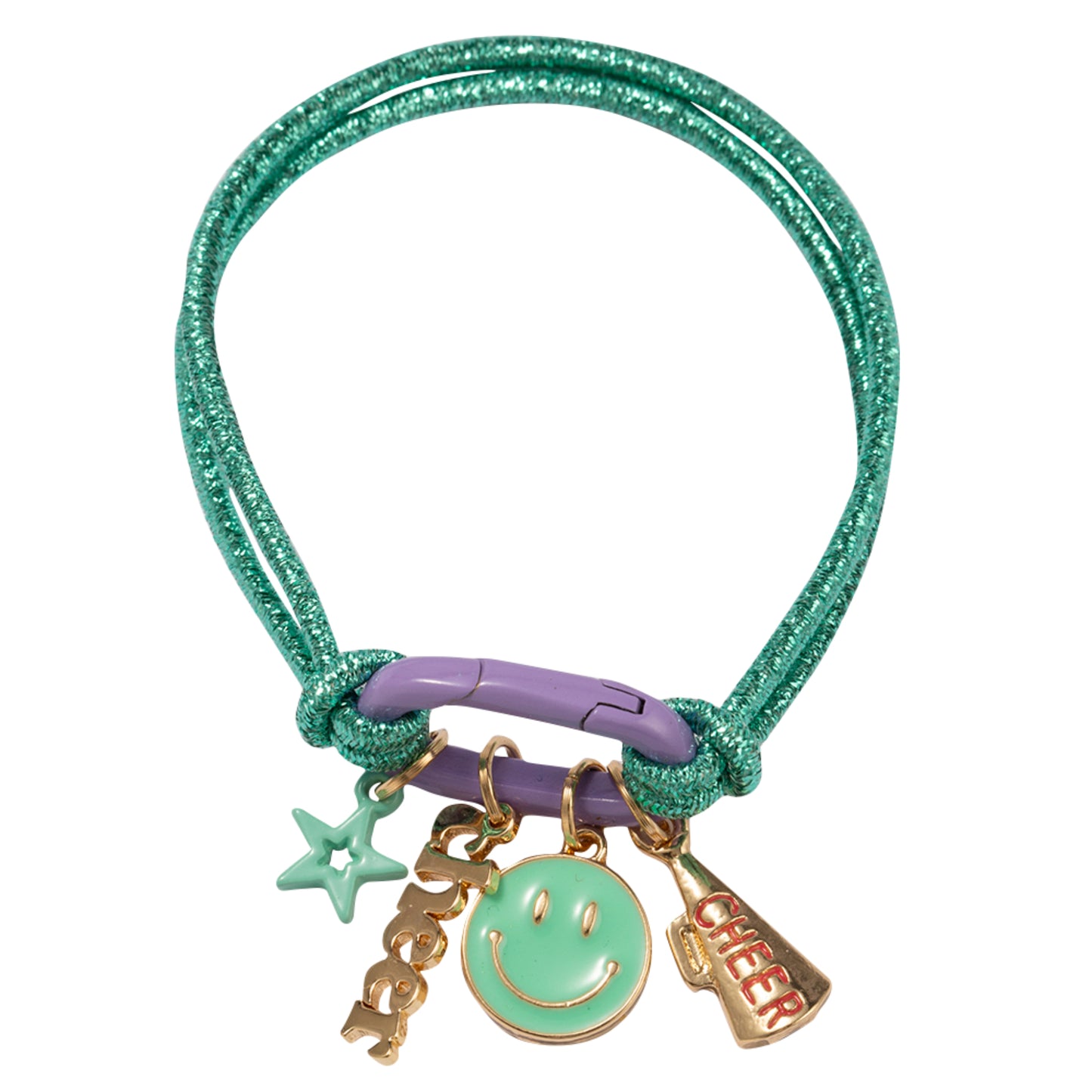 Kids Teal Stretch Elastic Bracelet with Lavender Carabiner and Happy Face, Megaphone, Star