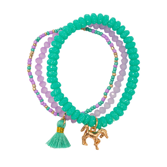 Kids Set of 3 Teal & Lavender Beaded Stretch Bracelet with Unicorn Charm