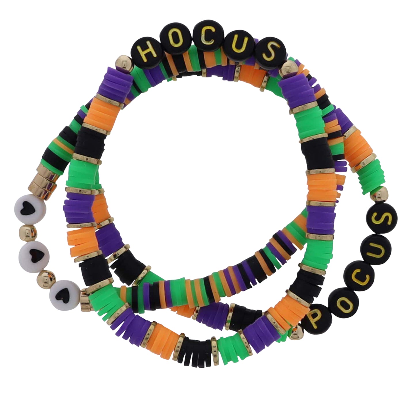 Set of 3 Green, Orange, Purple, Black Rubber Disk Beaded Bracelets with Hearts & "Hocus Pocus"
