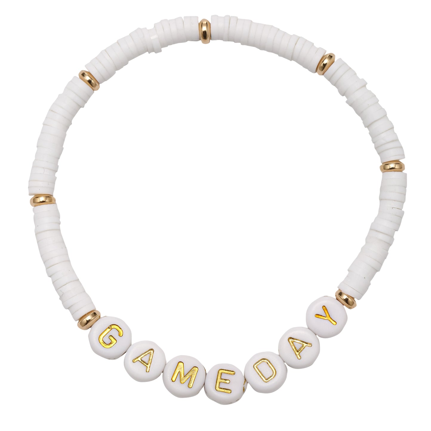 White, Gold Rubber Disk Beaded Bracelet with White "Gameday"