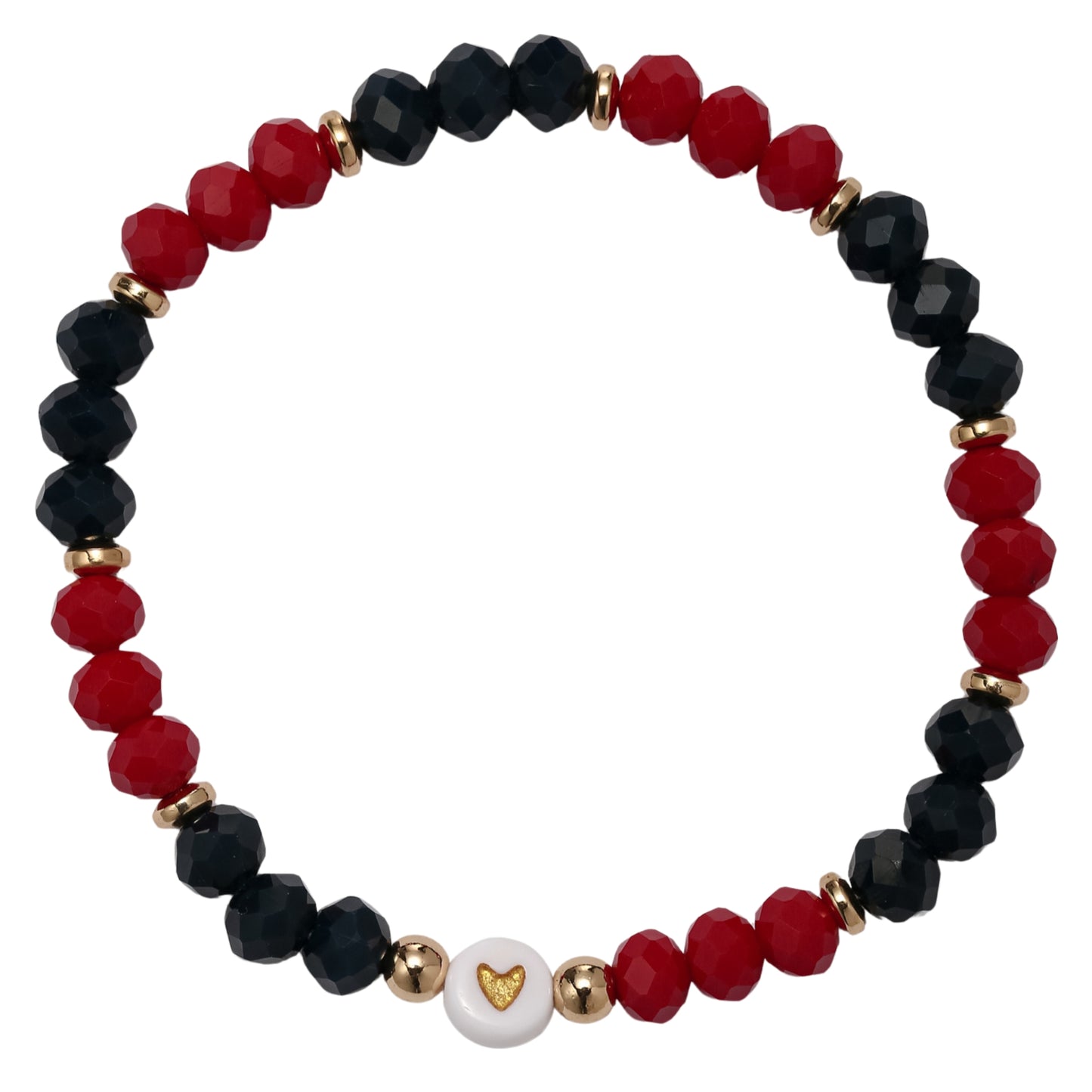 Navy, Red, Gold Faceted Beaded Bracelet with White & Gold Heart