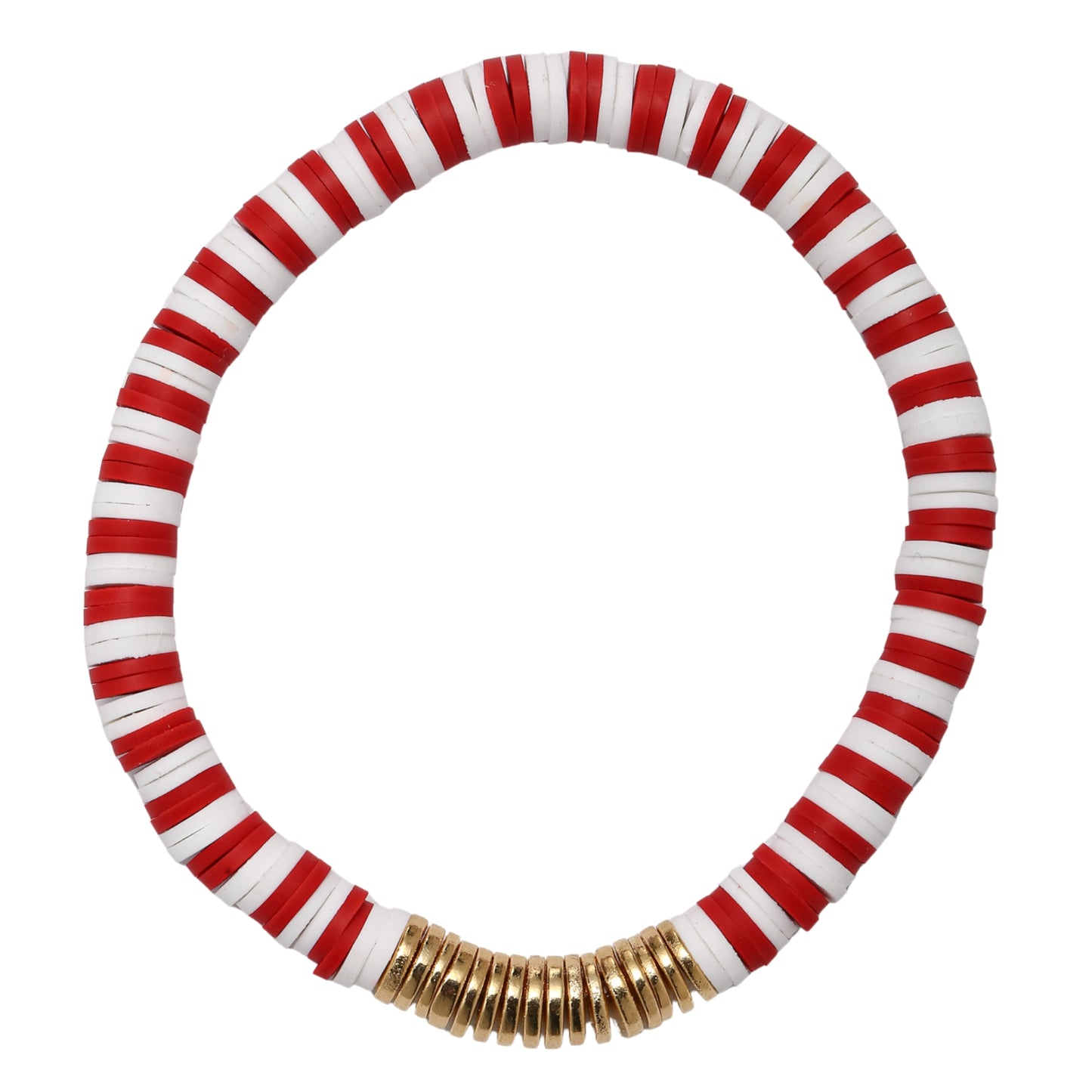 White, Crimson, Gold Rubber Disk Beaded Bracelet