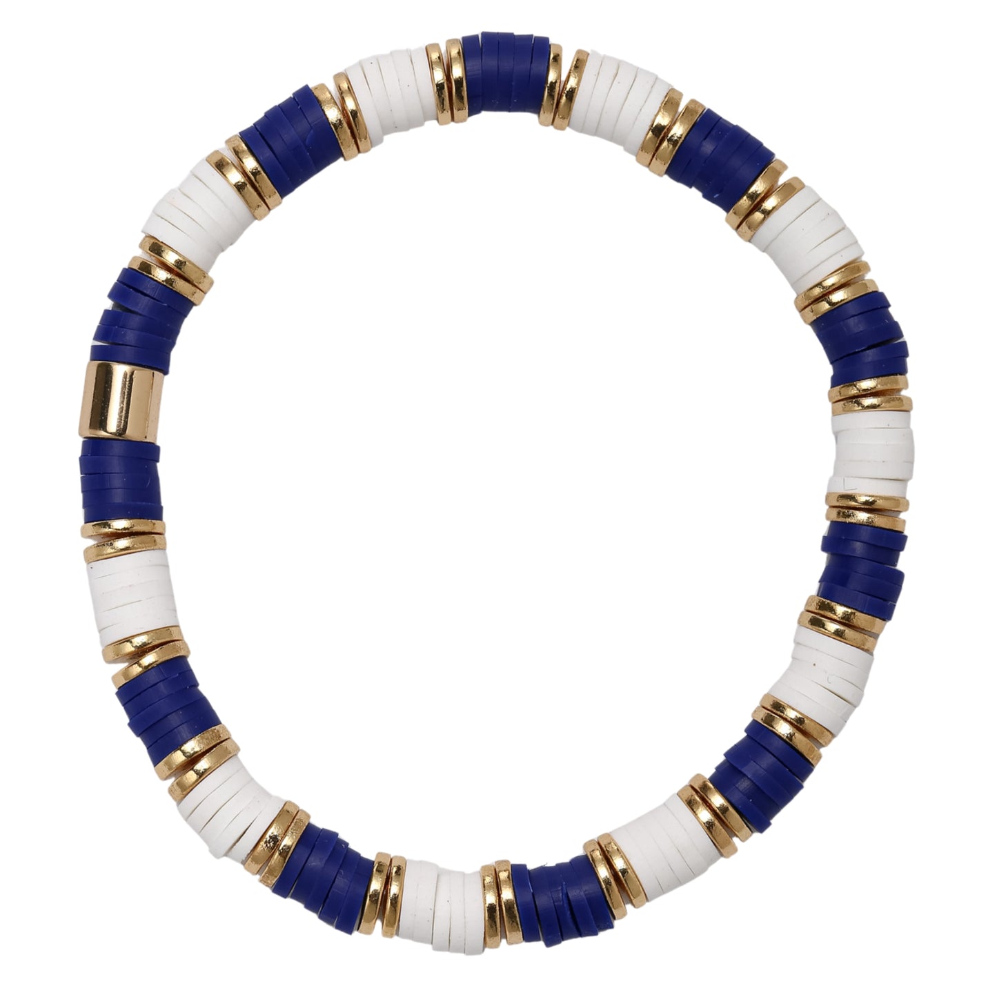 Royal Blue, White, Gold Rubber Disk Beaded Bracelet