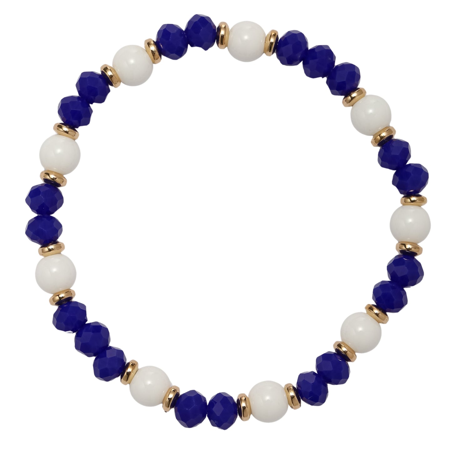 Royal Blue, White, Gold Faceted Beaded Bracelet