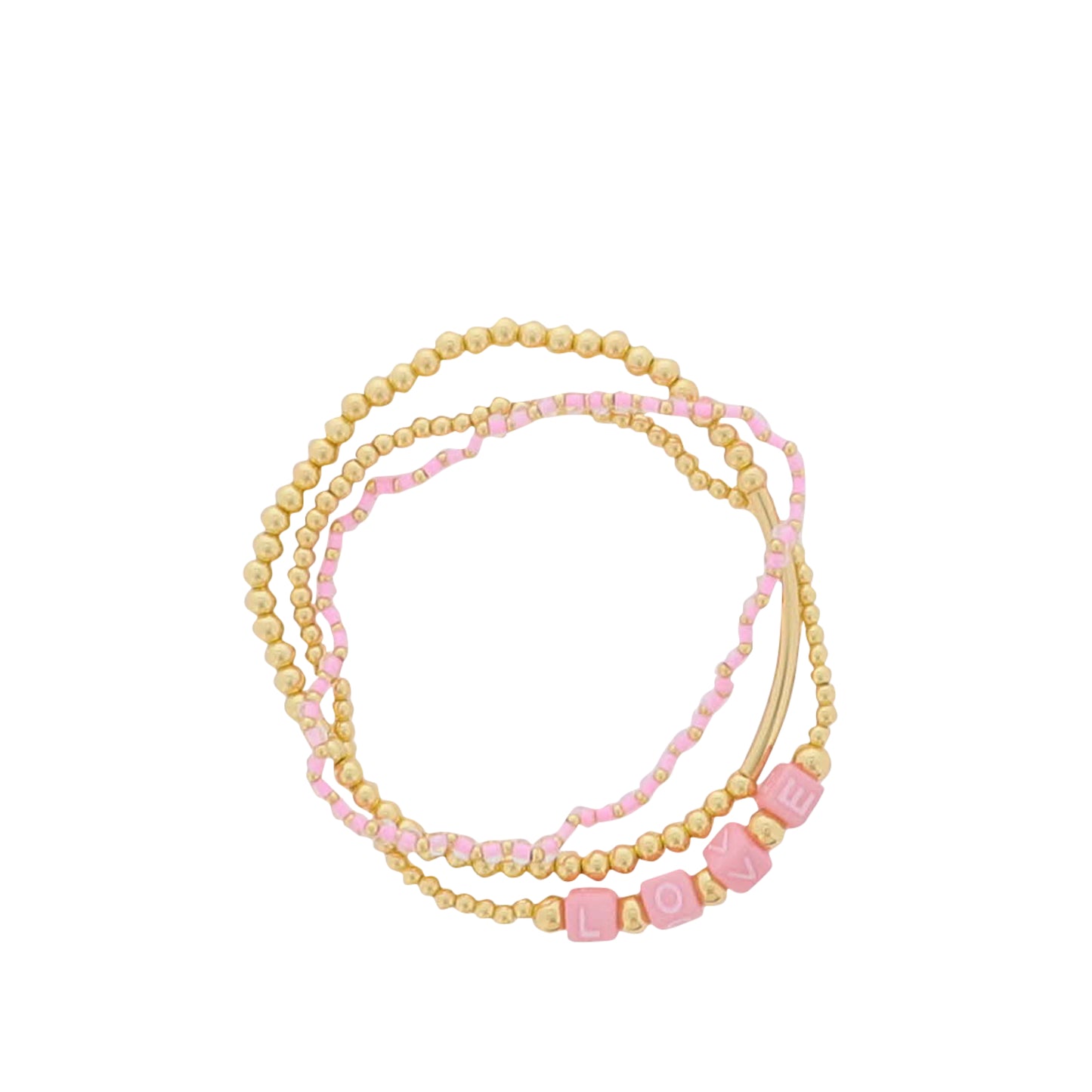 Set of 3, Gold, Pink Beaded Stretch Bracelet, with Pink "Love" & Gold Bar