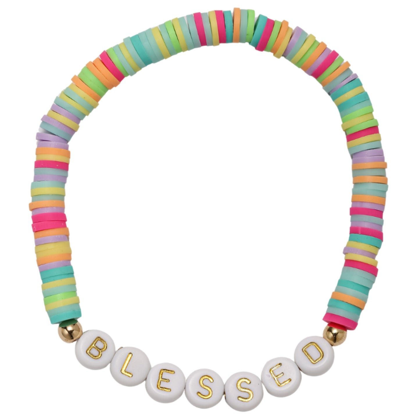 Lime, Pink, Yellow, Lavender, TQ Rubber Beaded Bracelet with "Blessed"