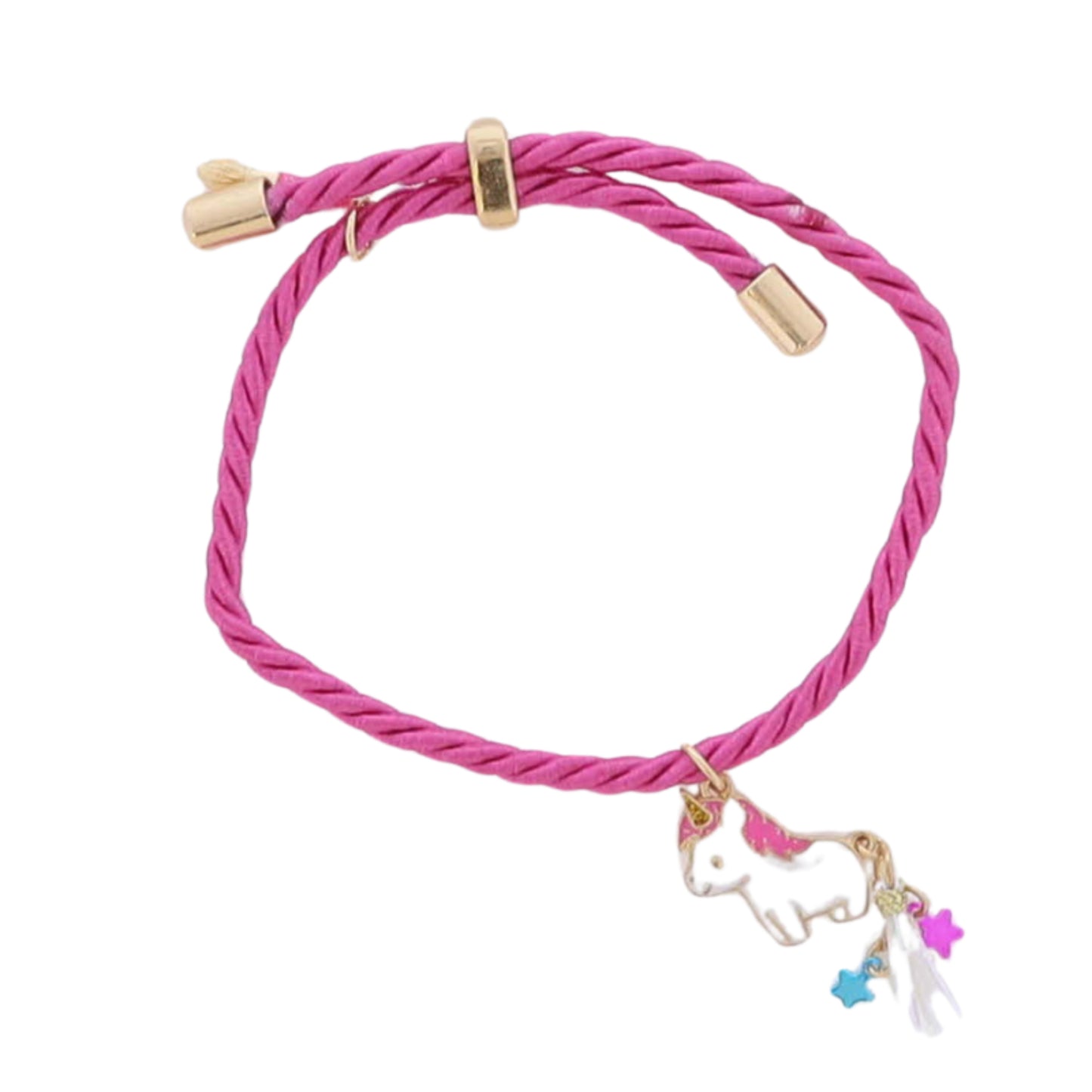 Kids Hot Pink Rope Cord Bracelet with White, Pink Enamel Unicorn with Tassel & Star Tail