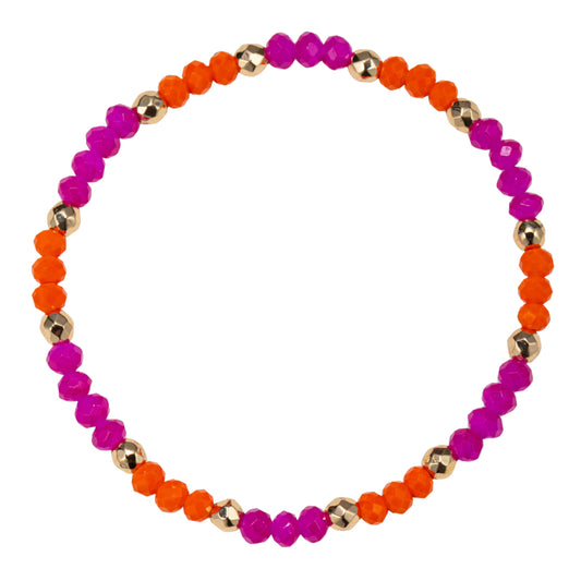 Orange, Pink Faceted Beaded Stretch Bracelet with Gold Spacers