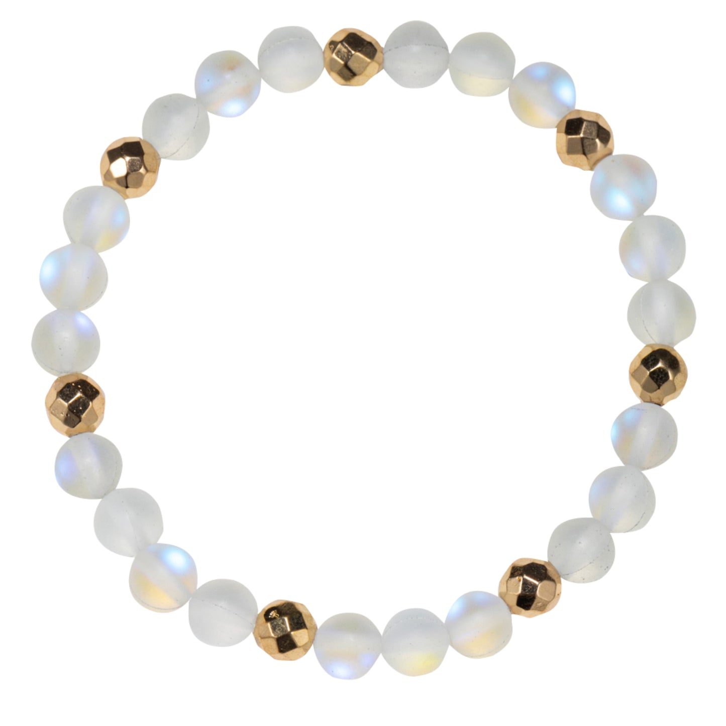 White Opalized Beaded Stretch Bracelet with Gold Faceted Spacer