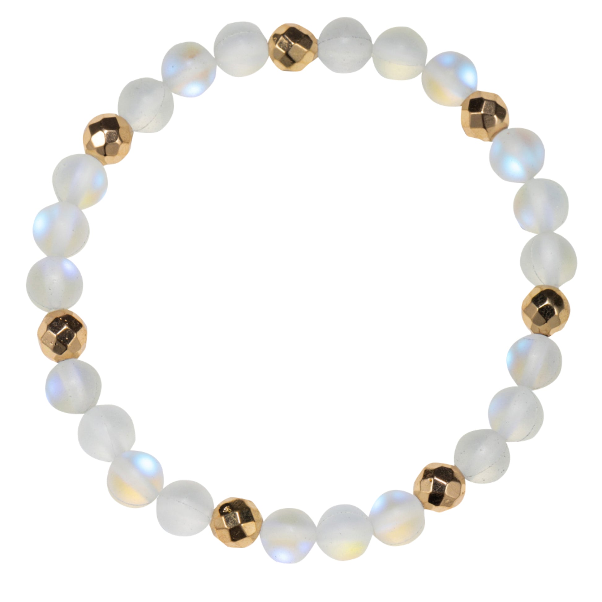 White Opalized Beaded Stretch Bracelet with Gold Faceted Spacer
