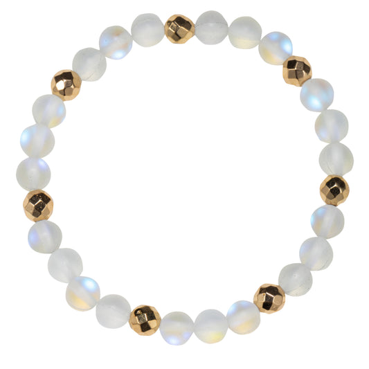 White Opalized Beaded Stretch Bracelet with Gold Faceted Spacer