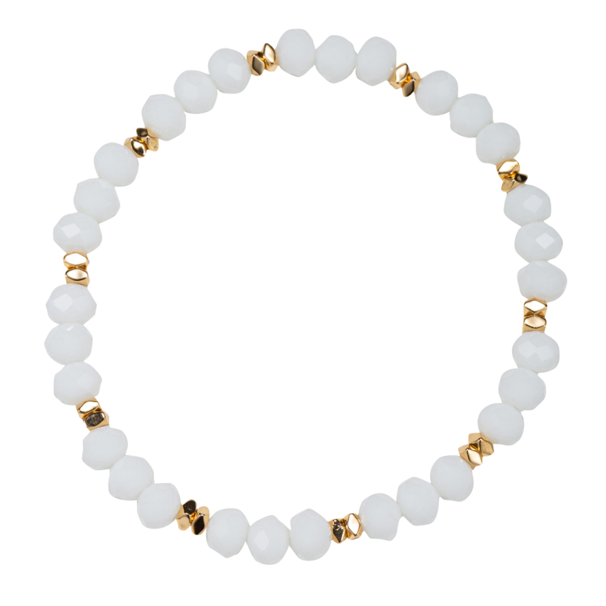 White Faceted Beaded Stretch Bracelet with Gold Spacers