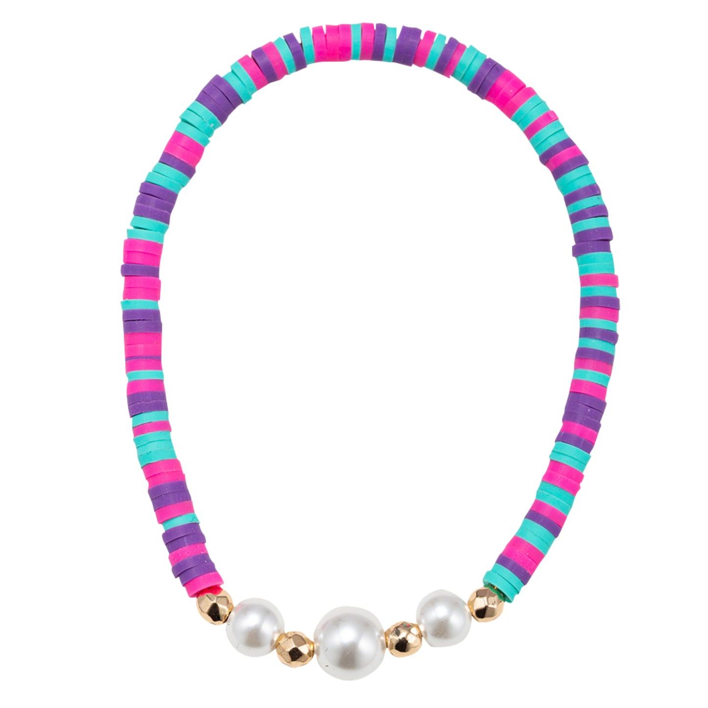 Purple, Tq, Pink Rubber Beaded Stretch Bracelet with Three Pearls