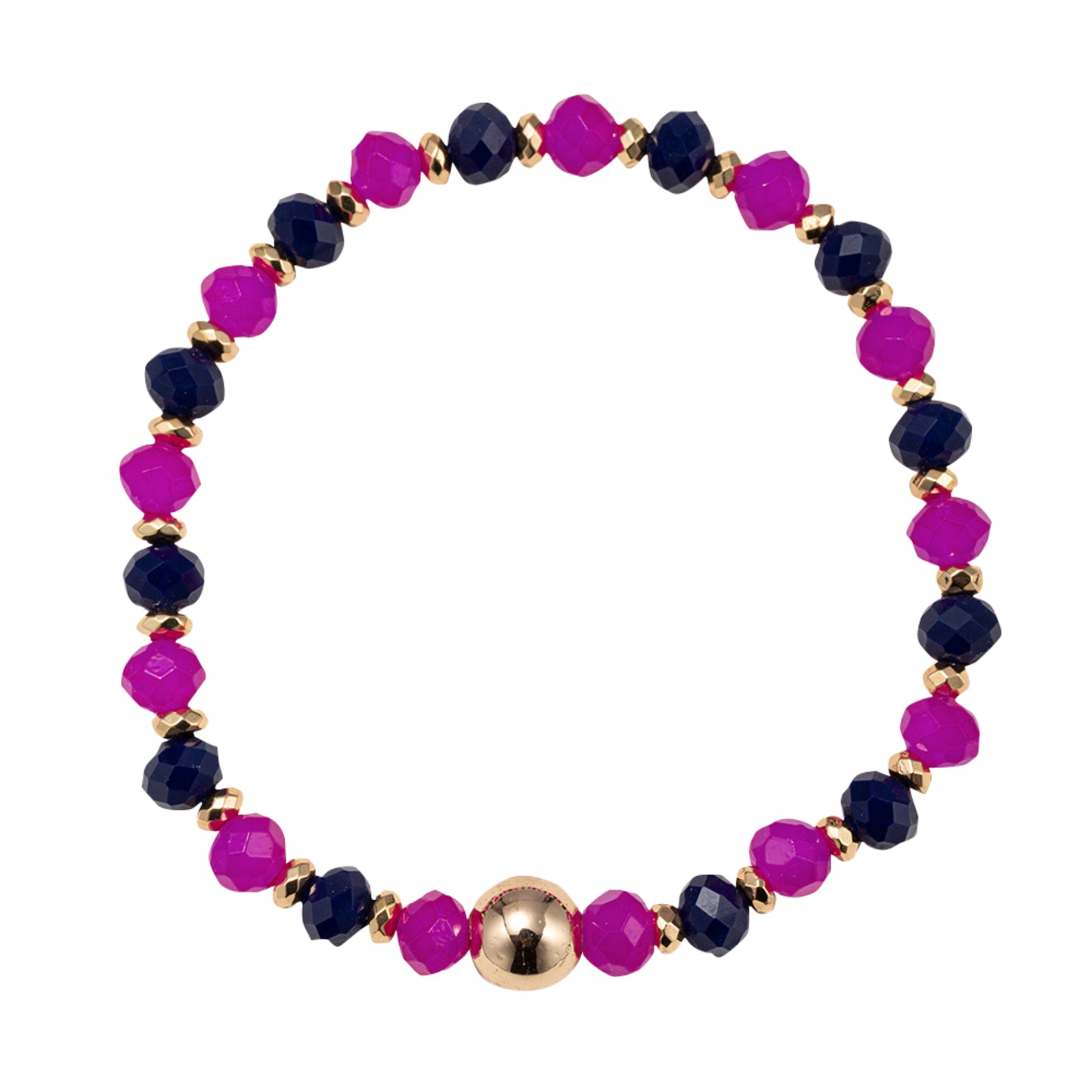 Navy, Pink Faceted Beaded Stretch Bracelet with Gold Spacers