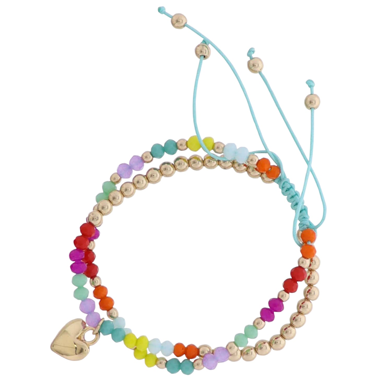 2 Strand Yellow, Orange, Tq, Pink, Gold Beaded Pully Adj. Bracelet with Gold Heart