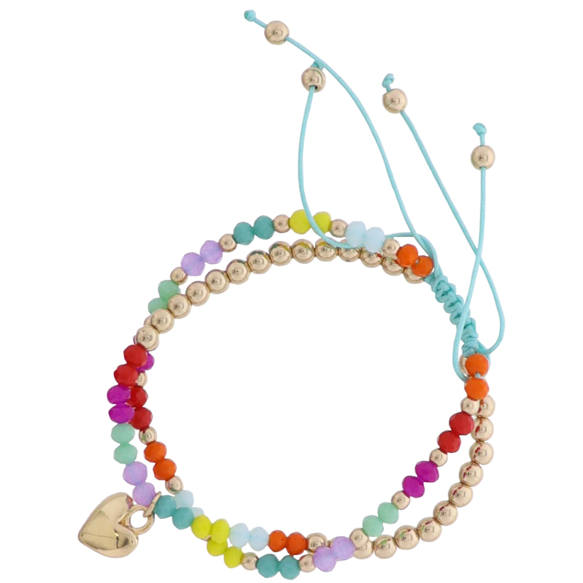 2 Strand Yellow, Orange, Tq, Pink, Gold Beaded Pully Adj. Bracelet with Gold Heart