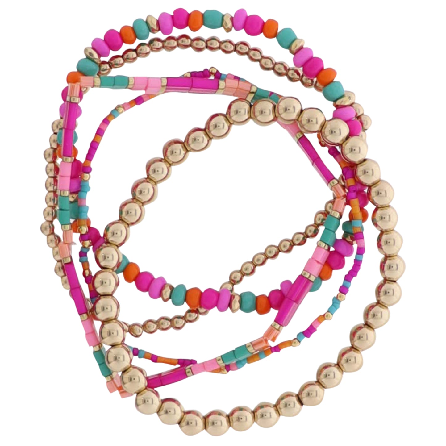Set of 5 Gold, Pink, Orange, Teal Beaded Stretch Bracelet