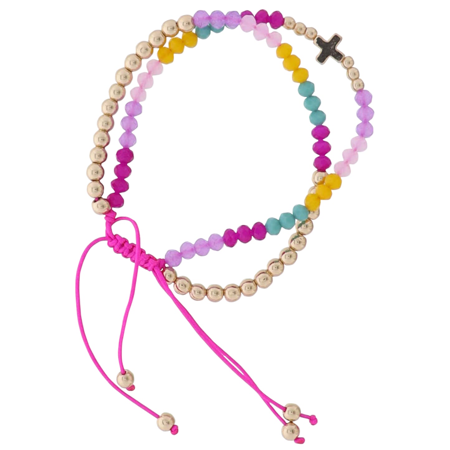 2 Strand Pink, Yellow, Tq, Gold, Lavender Beaded Pully Adj. Bracelet with Gold Cross