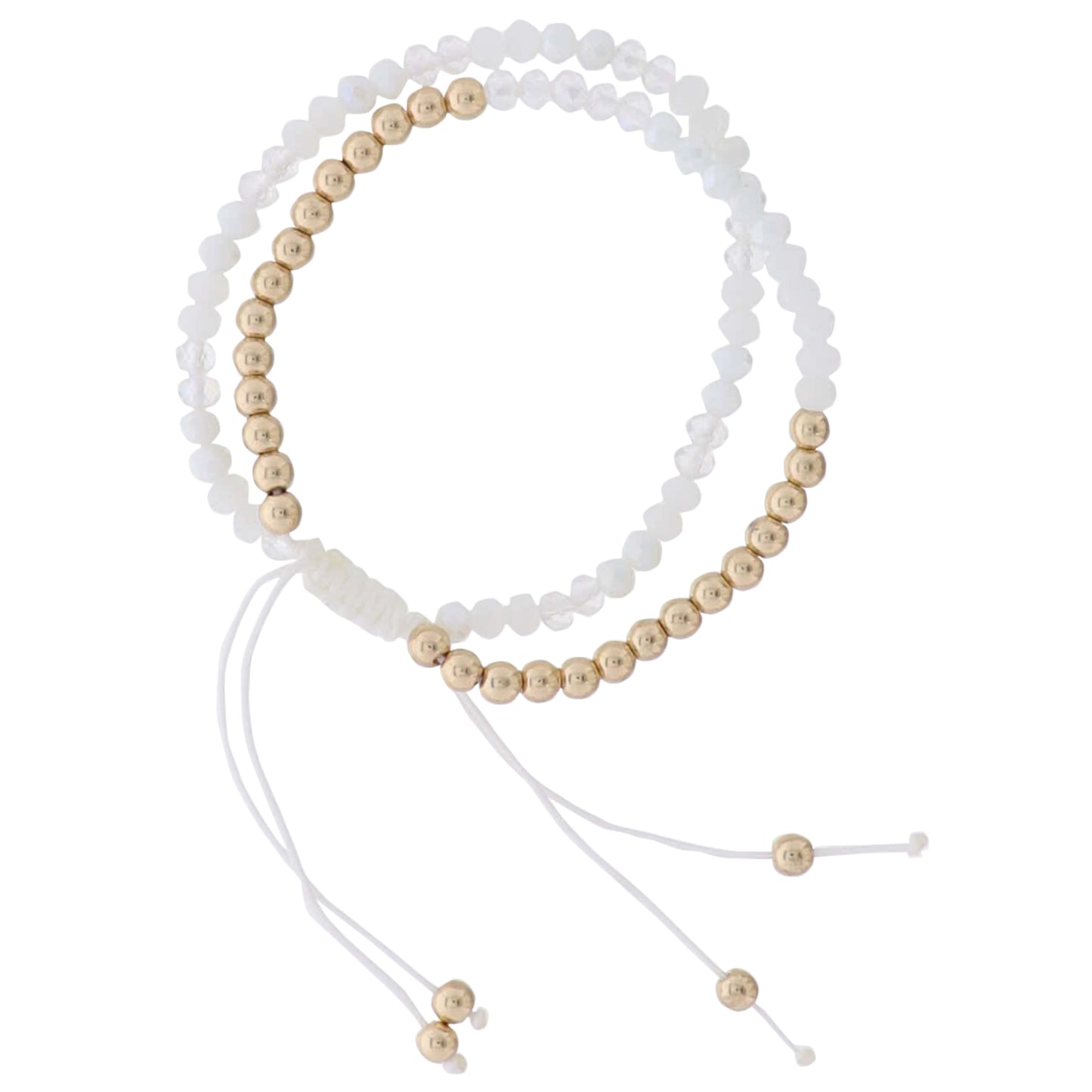 2 Strand White, Clear, Gold Beaded Pully Adj. Bracelet